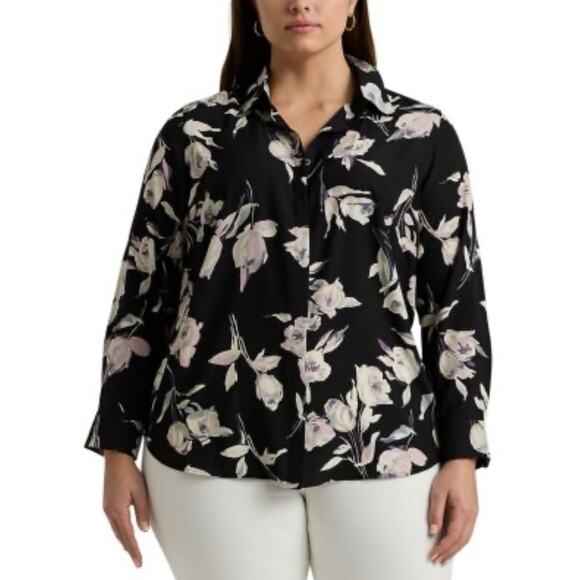 Lauren Ralph Lauren Shirt Womens Plus 2X Black Floral Long Sleeve Button Up NWT - Picture 1 of 9